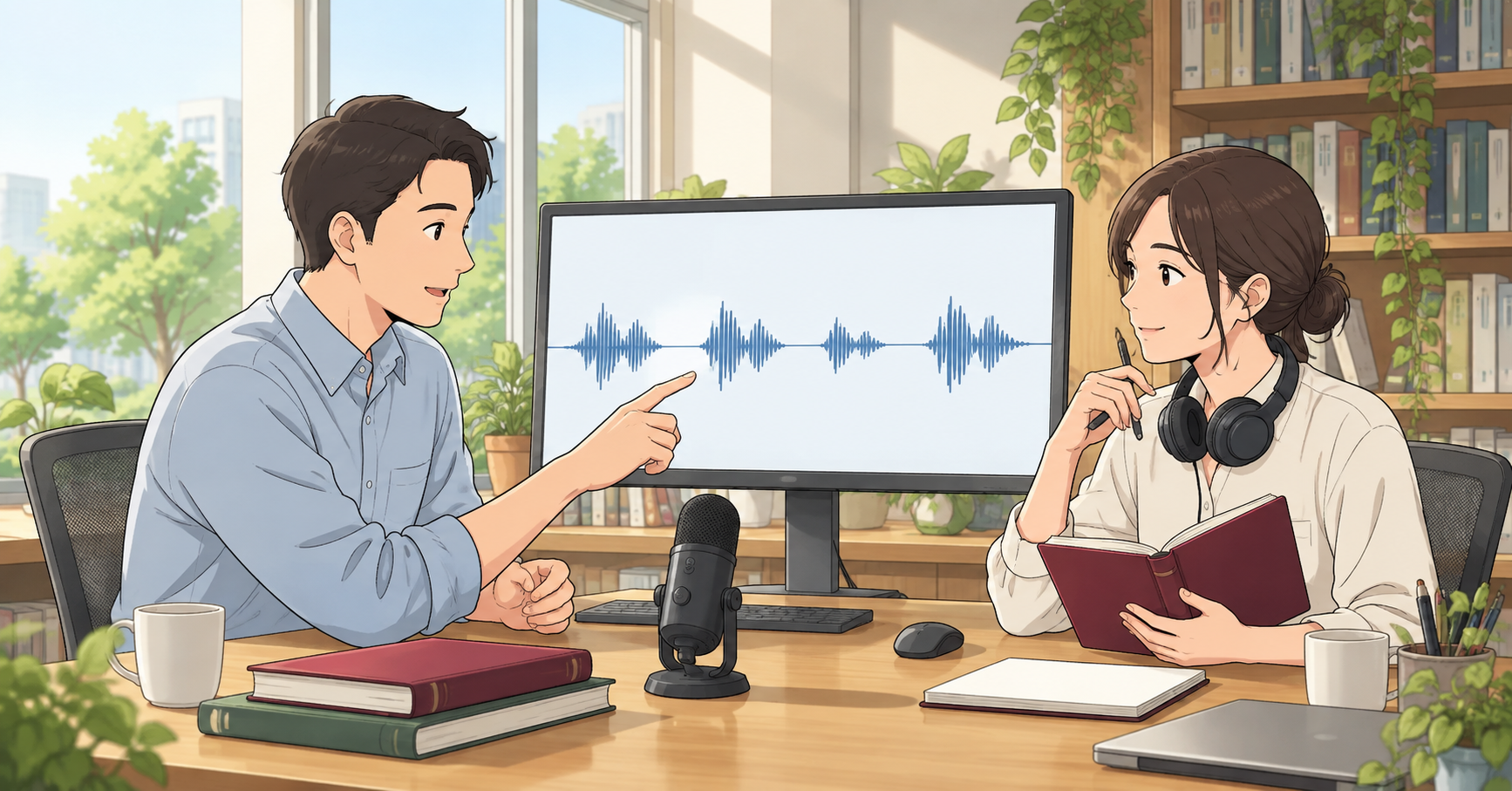 音声の波形を見ながら分析方法を話し合う開発者のイラスト