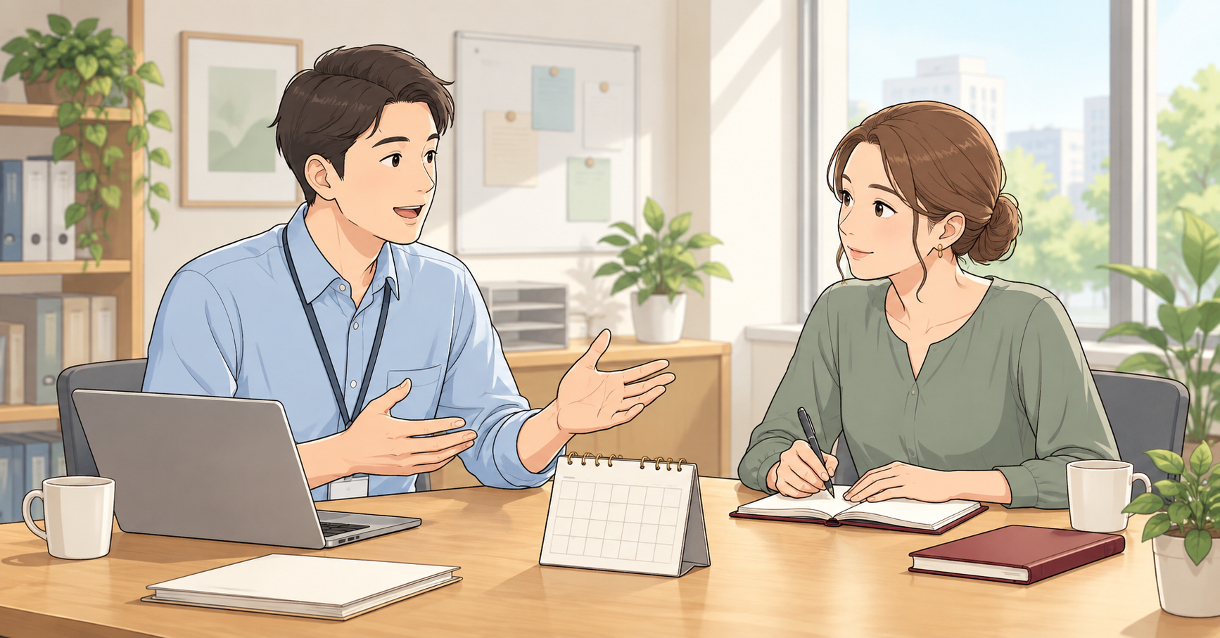 職場で予定について話す人と、話を聞きながら記録する人のイラスト