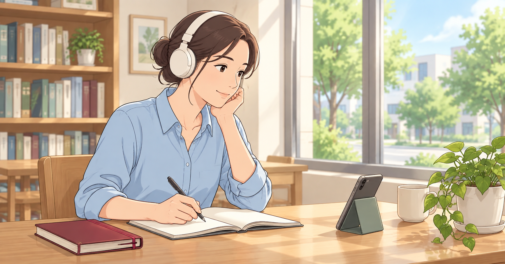 録音を聞きながらノートで会話を振り返る学習者のイラスト