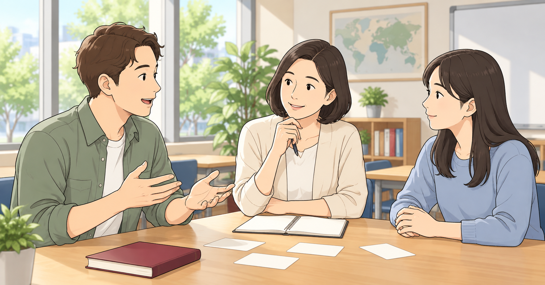 日本語学校で学習者の話を聞く先生ともう一人の学習者のイラスト
