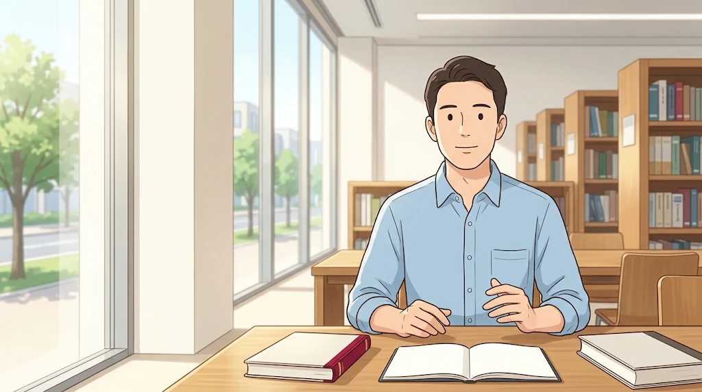 学校の学習スペースで、向かいのクラスメートと相談するイラスト