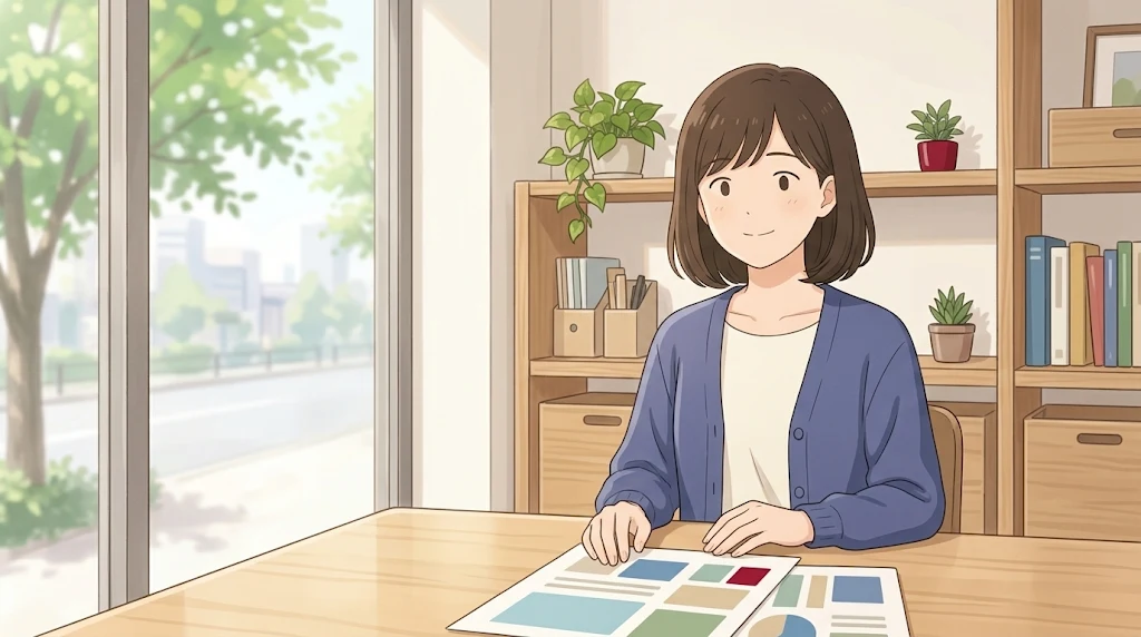 明るいオフィスで、向かいの同僚と計画を相談するイラスト