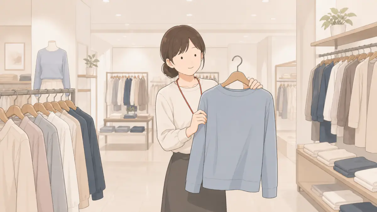 お店で店員に服の色やサイズを相談する場面
