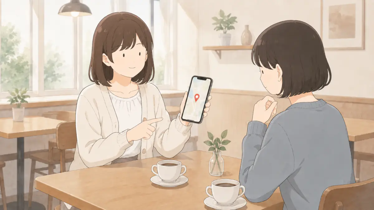 カフェで友人におすすめのお店を紹介する場面
